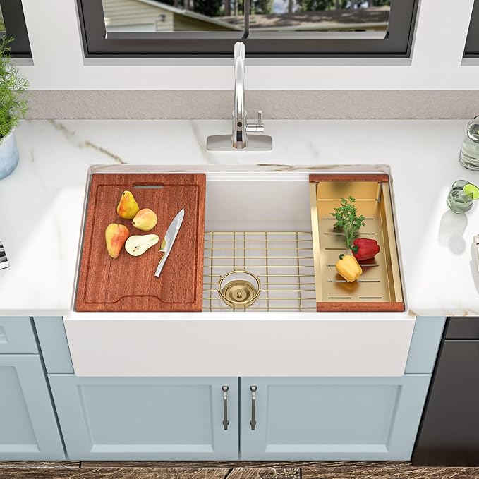 33"x20" White Farmhouse Sink Workstation – Reversible Flat Apron Front with Ledge, White Porcelain Ceramic Fireclay Single Bowl Luxury Farm Kitchen Sink Basin