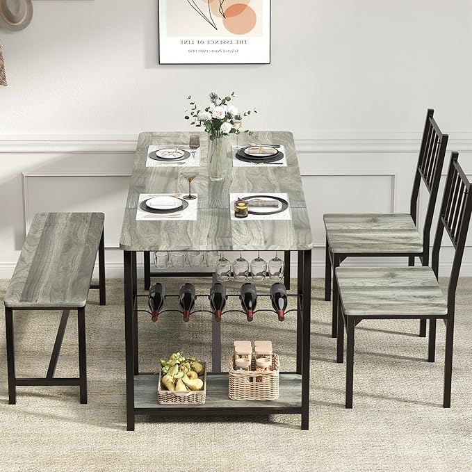 4 EVER WINNER Dining Room Table Set for 4, 55" Kitchen Table Set with Storage Shelf, Wine Rack & Wine Glasses Holder, Dining Table for 4 with Chairs and Bench for Dining Room, Kitchen, Grey