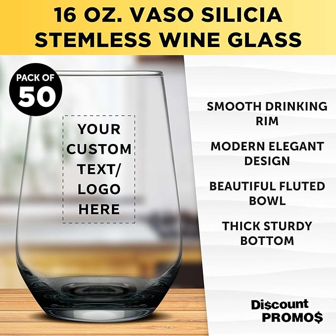 DISCOUNT PROMOS 50 Vaso Silicia Stemless Wine Glasses Set, 16 oz. - Personalized Text, Logo - Clear, Orb-Like, Thick base - Black