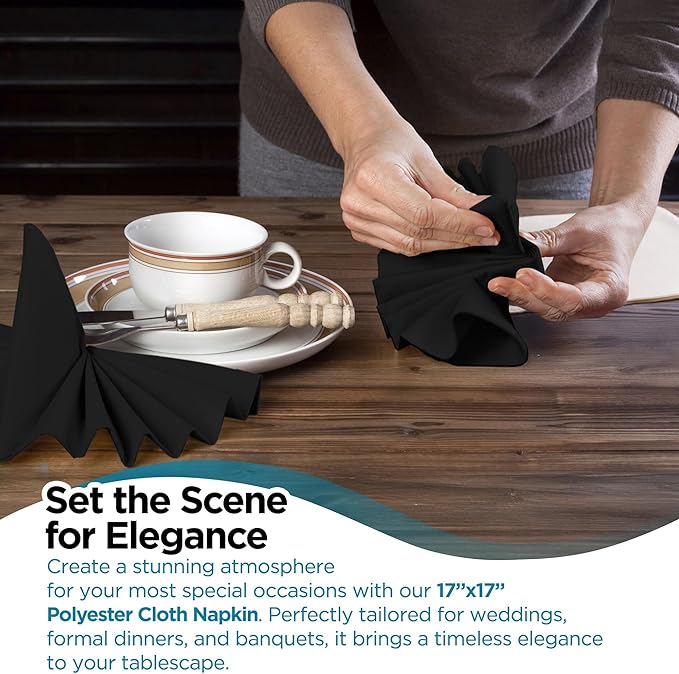 Polyester Cloth Napkins - Washable Soft Table Linens - Durable & Elegant for Dining, Restaurants, Weddings, Events, Rentals, Banquets, & Parties - Premium Quality Set of 250, Black, 17"x17"