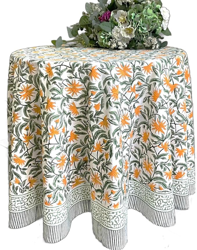 ATOSII Noor 100% Cotton Round Tablecloth, Handblock Print Floral Table Cloth for Kitchen Dining Linen I Parties, Weddings, Outdoors, Spring, Easter, Picnic Table Decor I 60" Inches Round