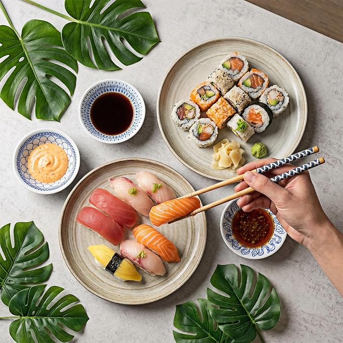 Chopstick & Dish Set, 10 Pairs 8.8 Inch Natural Bamboo Chopsticks and 12 Pcs 3.2 Inch Indigo Ceramic Dipping Bowls, Reusable Bamboo Utensils & Small Dip Plates for Sushi, Home Kitchen, Party