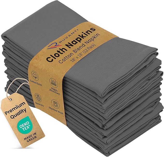 Ruvanti Cloth Napkin Set of 12, 18x18 Inch Soft & Absorbent Cotton Enrich Dinner Napkins for Hotel, Wedding Parties, Napkin-Everyday -Charcoal Grey