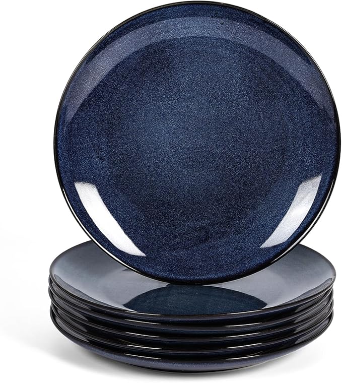 vicrays Ceramic Round Plates Set of 6 - Porcelain 10 inch Dinner Plates for Salad Dessert Appetizer Bread - Microwave Oven and Dishwasher Safe - Blue