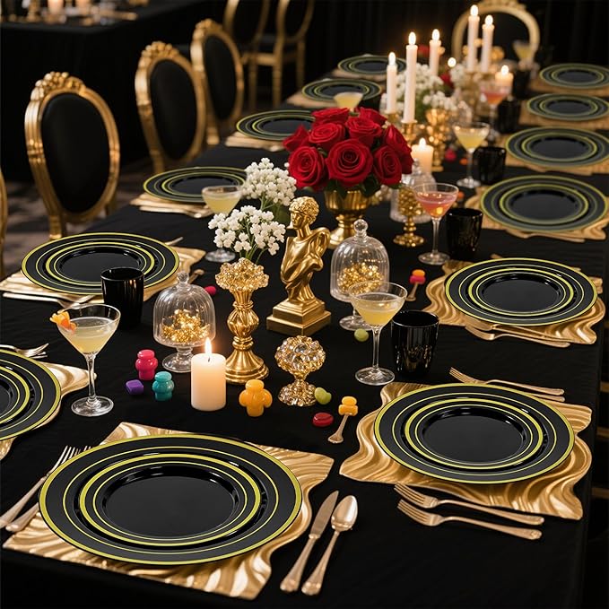 200 PCS Black and Gold Plastic Plates, Party Black Disposable Plates Include 100 10 inch Dinner Plate and 100 7 inch Dessert Plate,black gold rim plates Perfect for Party & Wedding