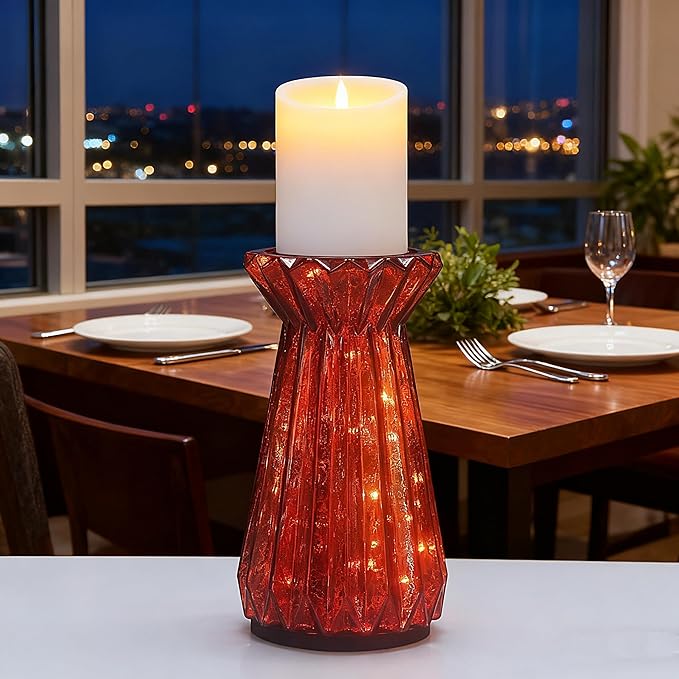 Home Decor, Mercury Glass Pillar Candle Pedestal Holders with 10 Led Lights, Lighted up Candle Holders for Pillar Candle, Glass Candlestick Holders with Timer for Wedding Home Dining Table Xmas (Red)