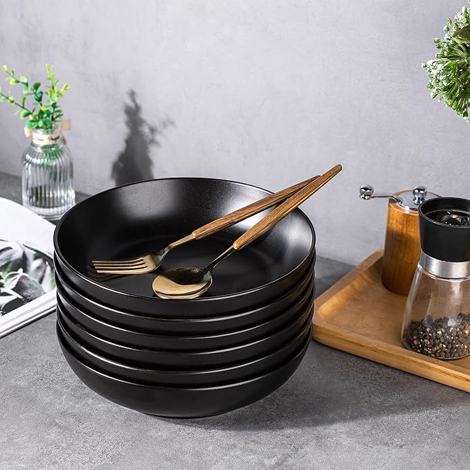 AmorArc 8.5 Inch Stoneware Pasta Bowls, 32oz Large Bowls Set of 6 for Kitchen, Wide Bowls for Pasta,Salad,Oatmeal, Microwave&Dishwasher Safe, Matte Black