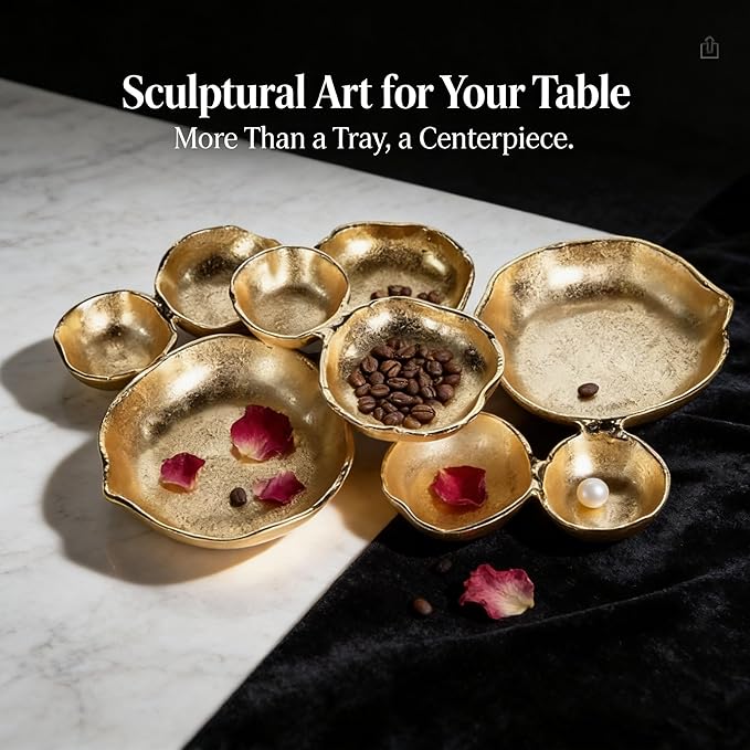 Cluster Serving Tray for Charcuterie – 9 Piece Decorative Bowls Set for Entertaining, Elegant Appetizer Platter with Connected Snack Bowls, Modern Luxury Centerpiece (Gold)