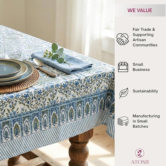 ATOSII Nargis Blue 100% Cotton Rectangle Summer Tablecloth, Indian Block Print Floral Table Cloth I Dining Parties Weddings Outdoors Holidays 60 X 60 Inches 4 Seater I Grandmillennial Farmhouse Boho