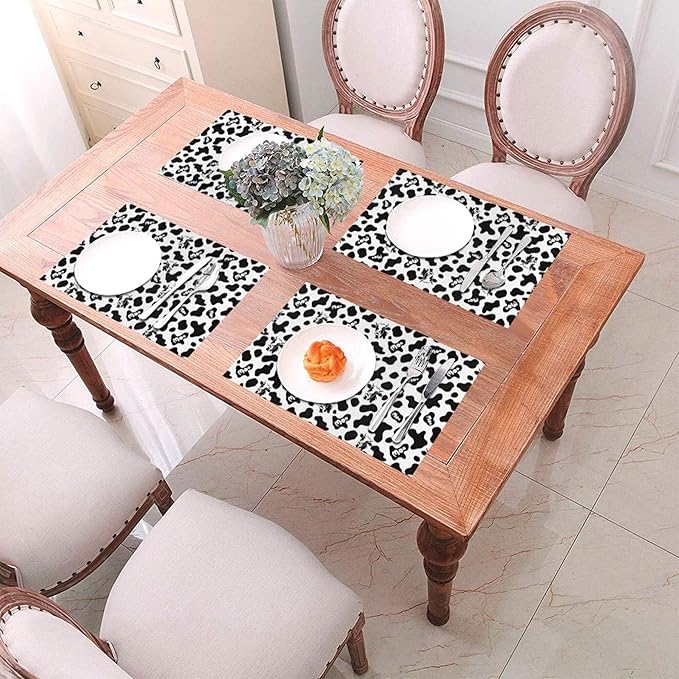 Cow Print Placemats Set of 4 Linen 12"x18" Black White Decorative Place Mats Washable Kitchen Table Mats for Dining Outdoor Farmhouse Home Decor Holiday Party Dining Mat