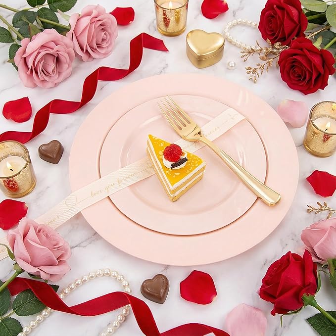 FLOWERCAT 100PCS Pink Plastic Plates - Heavy Duty Pink Party set Disposable serve for 50 guests -10 inch Dinner + 7 inch Dessert/Salad Plates for Easter,Birthday Party,Mother's Day