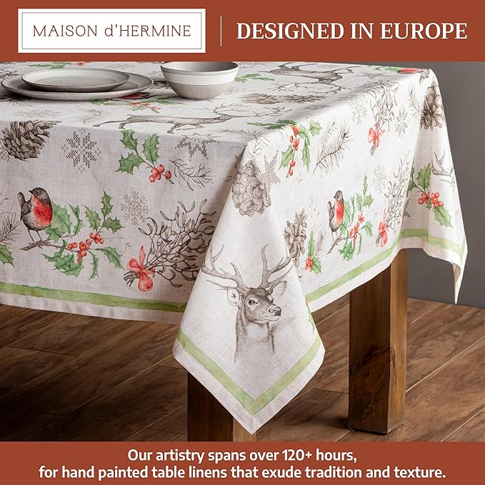 Maison d' Hermine Table Cloth Rectangle Table 100% Cotton 60 x 120 Inches Fall Tablecloth Reusable Everyday Use for Thanksgiving Christmas Decorations Dining Farmhouse Party (Christmas Dew)