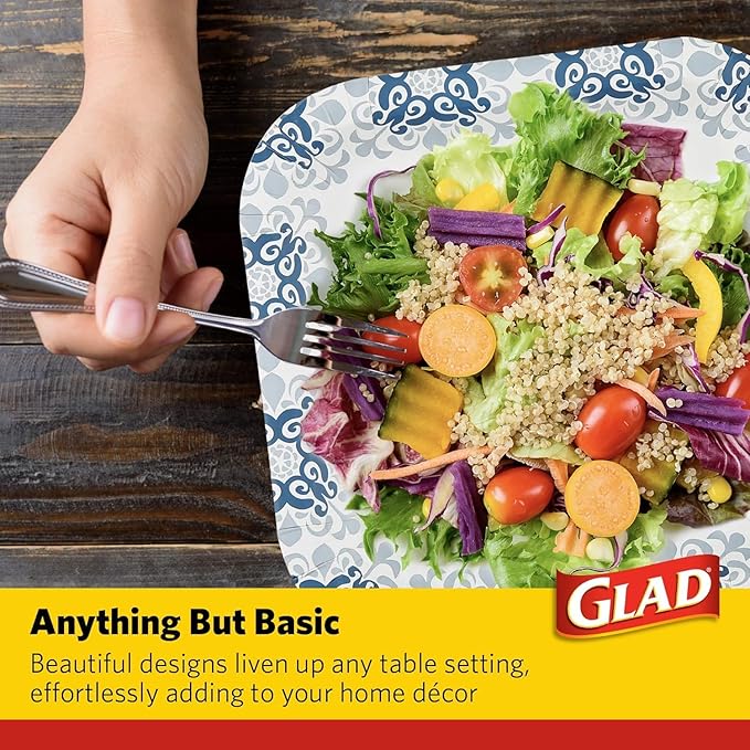 Glad Square Disposable Paper Plates, Blue Victorian Pattern - Strong, Sturdy, Soak Proof, and Microwavable Decorative Plates for Dinner and Everyday Use, 10 Inch, 50 Count - 12 Pack