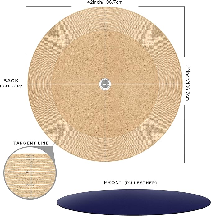 CENNBIE 42 Inches Round Table Pad- Cork & Leather Table Mat - Suitable as Side Dining Coffee Table Cover - Can Be Cut to Fit (30"-42", Blue)
