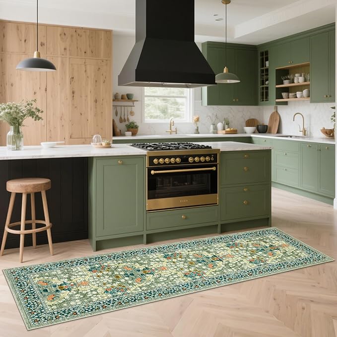 GarveeHome Floral Hallway Runner Rug, 2.5x8 Kitchen Runner Rugs, Washable Non Slip Entryway Rugs Indoor, Ultra-Thin Stain Resistant Carpet Floor Mat for Laundry Room, Sage Green