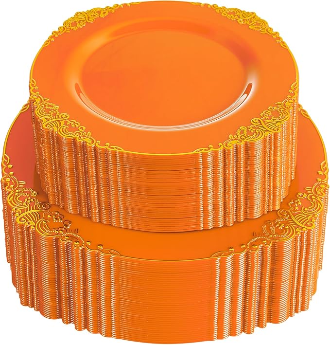 102PCS Orange Plastic Plates - Orange and Gold Disposable Plates - Party Plate with Gold Rim - Vintage Disposable Plate Serving for 51Guests for Party & Wedding