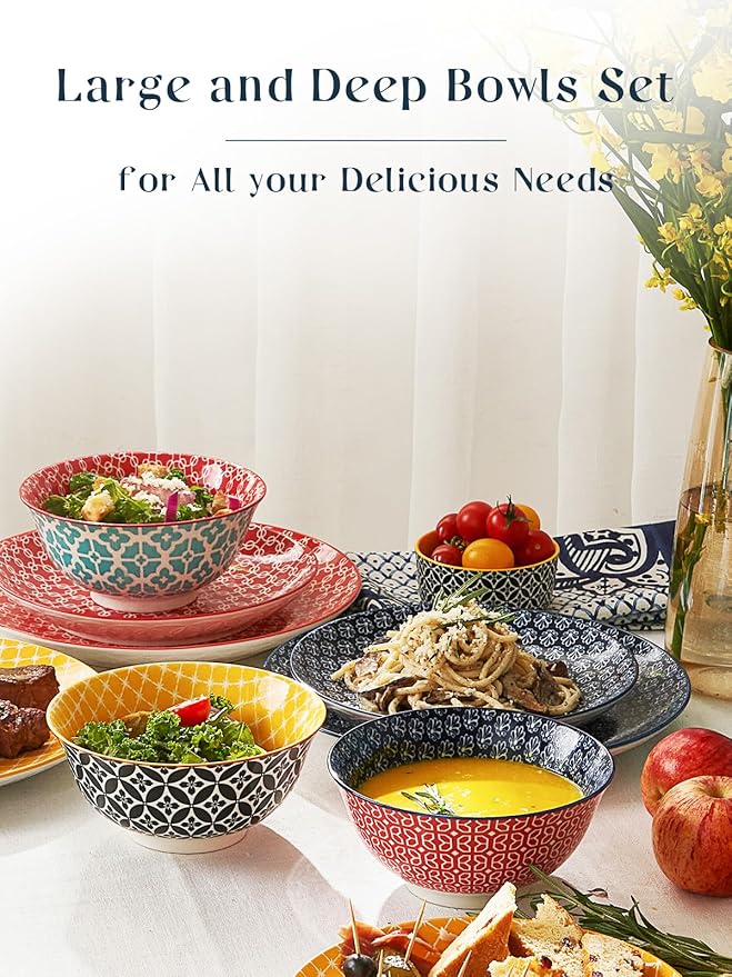 DOWAN Mosaian 33 OZ Large Bowl Set of 6 - Ceramic Deep Bowls for Ramen, Pasta, Salad - Vibrant Patterned Porcelain Bowls for Kitchen Decor & Housewarming Gift - Dishwasher & Microwave Safe