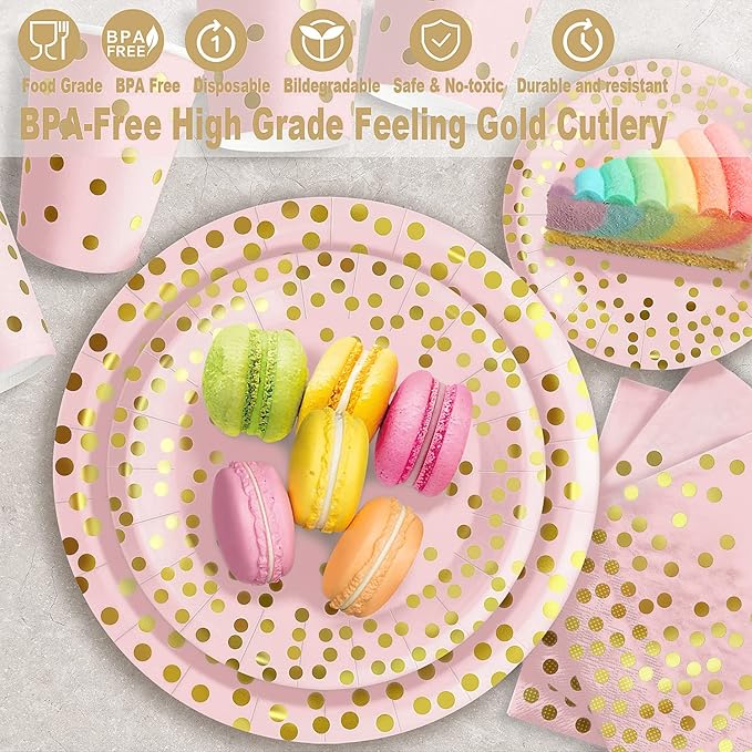 AIRE 350PCS Pink and Gold Party Supplies, Severs 50 Disposable Partyware, Gold Plastic Cutlery, Napkins, Plates for Baby Shower, Birthday, Wedding