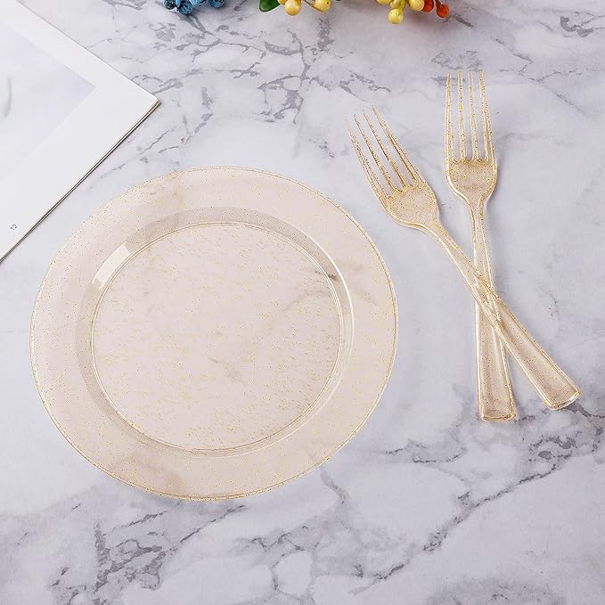 Goodluck 240PCS 7" Gold Glitter Dessert Plastic Plates with 7.4" Forks, Gold Appetizer Plates for 120 Guests, Including 120 Disposable Cake Plastic Plates and 120 Forks for Wedding/Birthday/Christmas