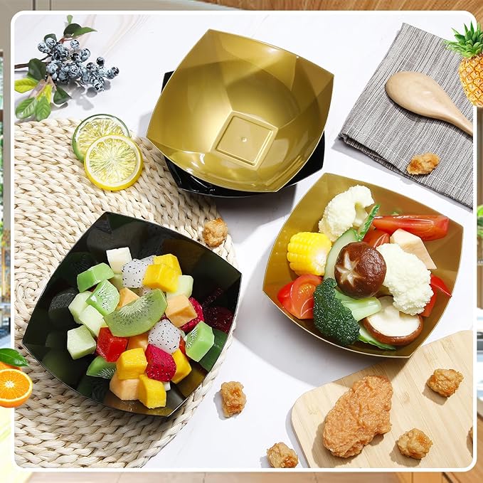 Tanlade 50 Pcs Square Plastic Serving Bowls Disposable Snack Salad Bowl Small Party Candy Bar Containers Taco Bar Serving Dishes for Buffet Chips Fruit (16 oz,Black, Gold)