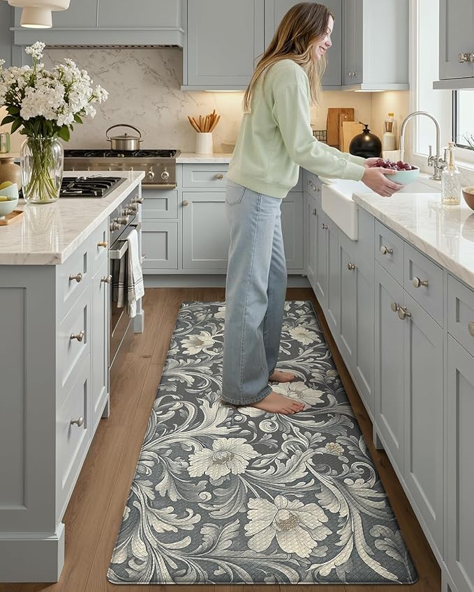 Color&Geometry Floral Kitchen Mat 24"x87", Anti Fatigue Kitchen Mats for Floor, Kitchen Rugs Non Slip, Waterproof & Oil Proof Padded Runner for Standing Desk Office, Sink - Grey