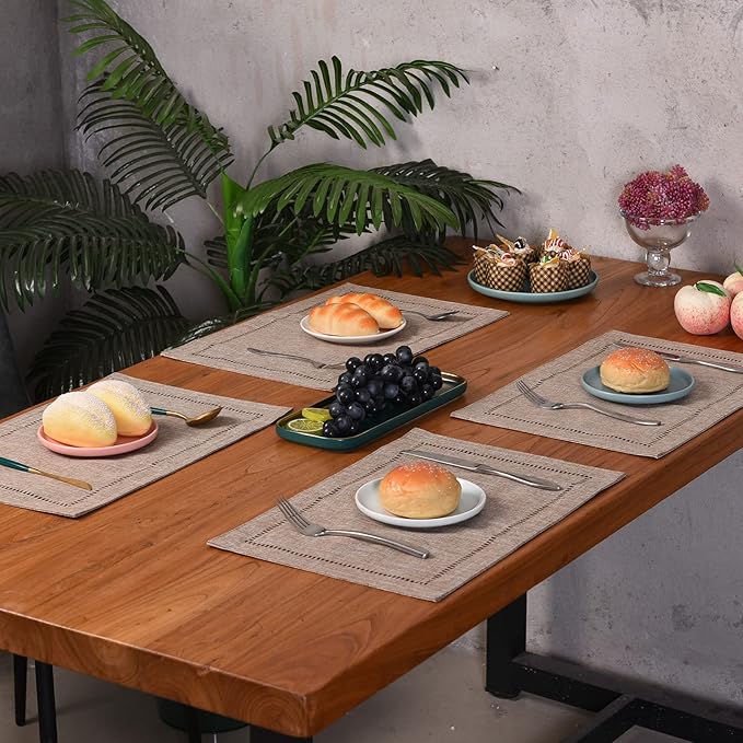 Tosewever Set of 4 Decorative Linen Placemats 12 x 18 Inches, Farmhouse Style Table Mats for Everyday Dining Wedding Party Holiday Home Decor (4 Pieces 12 x 18”, Light Coffee/Straight)