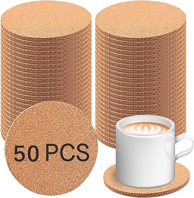 100 pcs Cork Coasters for Drinks, Bulk Blank Coasters DIY Crafts, Non-Slip, Heat-Resistant, Absorbent and Reusable Coffee Coaster for Home Tabletop Decoration (50 Pcs)