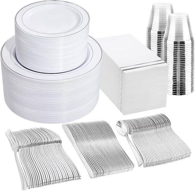 GATHER 700PCS Silver Plastic Plates - Silver Disposable Dinnerware Sets 100 Guest Include 200 Plates, 300 Silverware, 100 Napkins, 100 Cups For Wedding & Party