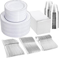 GATHER 700PCS Silver Plastic Plates - Silver Disposable Dinnerware Sets 100 Guest Include 200 Plates, 300 Silverware, 100 Napkins, 100 Cups For Wedding & Party