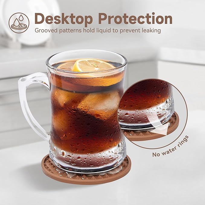 Coasters for Drinks, Silicone Coasters Set of 6 with Metal Holder, Outdoor Coaster for Coffee Table, Non-Slip Rubber Table Cup Mat Desk, Heat Resistant & Scratch-Proof (Tawny)