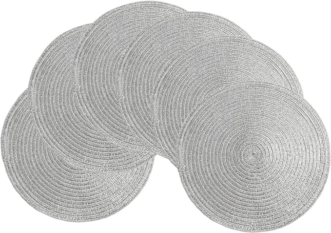SHACOS Christmas Silver Glitter Round Placemats Set of 6 Sparkle Bling Place Mats Glitz Table Mats for Holiday Home Party Wedding Festive Table Decoration (6, Silver)
