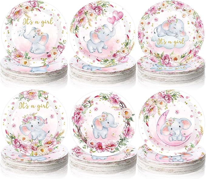 7 Inch Pink Elephant Baby Shower Paper Plates 60 Pcs It's a Girl Tableware Decorations Baby Shower Plate for Girl Gender Reveal Plates Party Supplies for Pink Floral Party