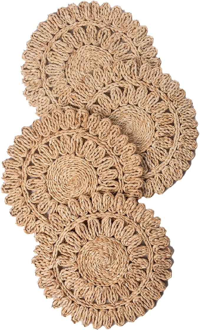 13.8" Set of 4 Round Corn Husk Placemats | Boho Woven Rattan Table Mats | Farmhouse Wicker Spring Plate Chargers Like Water Hyacinth, Seagrass for Wedding, Party, Christmas, Events