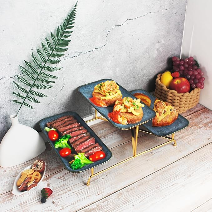 3 Tier Serving Trays for Party, 14.1 Inch Porcelain Serving Platters and Tiered Trays, Foldable Sturdy Gold Stand, for Food Display, Fruit, Cake Dessert, Decoration Entertaining, Blue