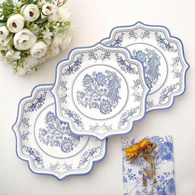 50 Pack 8" Light Blue French Toile Dessert Plates, Disposable Round Paper Floral Pattern Appetizer Salad Plates 300 GSM for Party Decoration