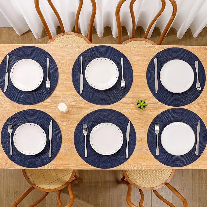 SHACOS Round Placemats Set of 8 Washable 15 inch Round Table Mats Cotton Polyester Woven Braided Place Mats for Dining Table, Navy