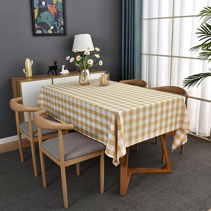 Gingham Table Cloth for Rectangle Tables Yellow Checkered Plaid Tablecloth Heavy Duty Cotton Blend Washable & Wrinkle Table Cover for Outdoor Kitchen Dining Picnic Camping (52x98 Inch)