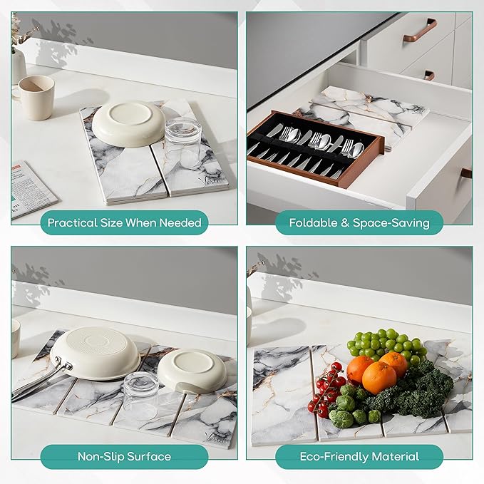 Stone Drying Mat For Kitchen Counter, Diatomaceous Stone Dish Drying Mat For Kitchen - Quick Drying Dish Mat - Water Absorbing Stone Tray, Foldable, Eco-Friendly, White Marble Color (23.5 x 15.4")