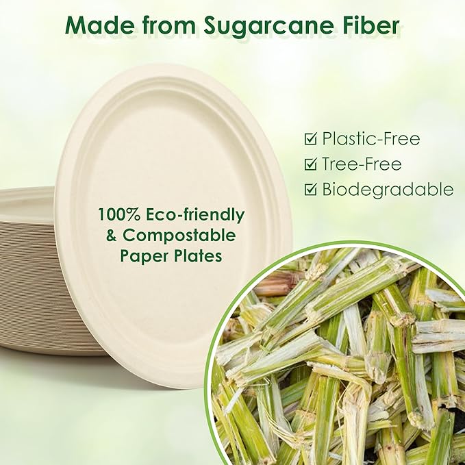 100pc Disposable Oval Paper Plates, 12.5" Biodegradable Compostable Heavy Duty Bagasse Platters Eco-Friendly Sugarcane Plates for BBQ, Party, Picnic - Natural Pulp