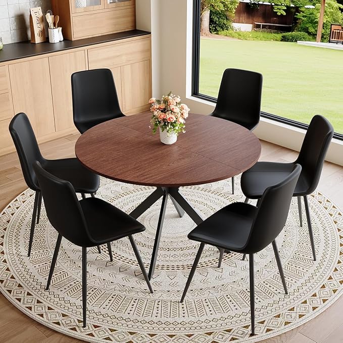 Round Dining Table Set for 6｜42"-54" Extendable Dining Room Table Set｜Wooden Kitchen Table with 6 Chairs｜Mid Century Modern Dinner Table Set with Cross Legs｜Easy Assembly｜Space Saving