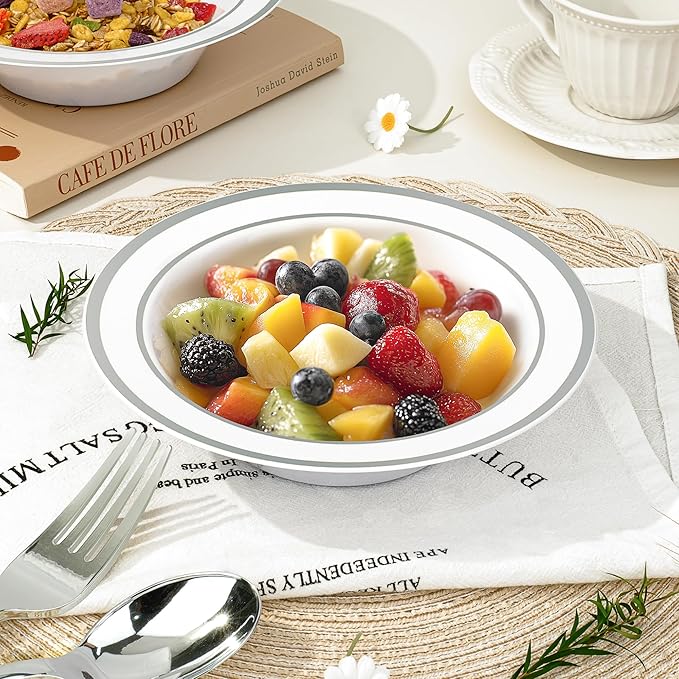 BESTVIP 100 Pack 12 oz Plastic Disposable Soup Bowls, White Dessert Bowls with Silver Rim, Heavy-duty Salad Bowl for Party, Wedding, Christmas, Dinner, Catering