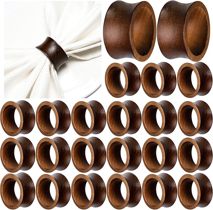 Zhehao 50 Pcs Wood Napkin Rings Bulk Acacia Handmade Dining Table Napkin Holder Buckles for Winter Spring Valentine's Day Wedding Dinner Harvest Holiday Table Decoration(Concave Edge,Brown)