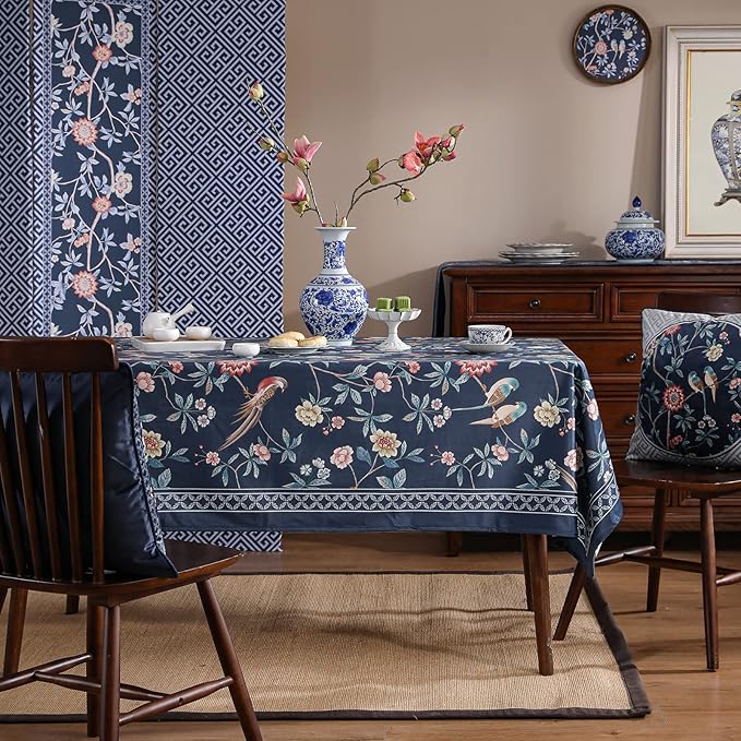 patdrea Designer Dark Blue Linen Rectangle Tablecloth,Vintage Navy French Floral and Birds Pattern Table Cloth,Decoration Table Cover for Kitchen,Dining,Tea Party,Home,Christmas,63"*87"