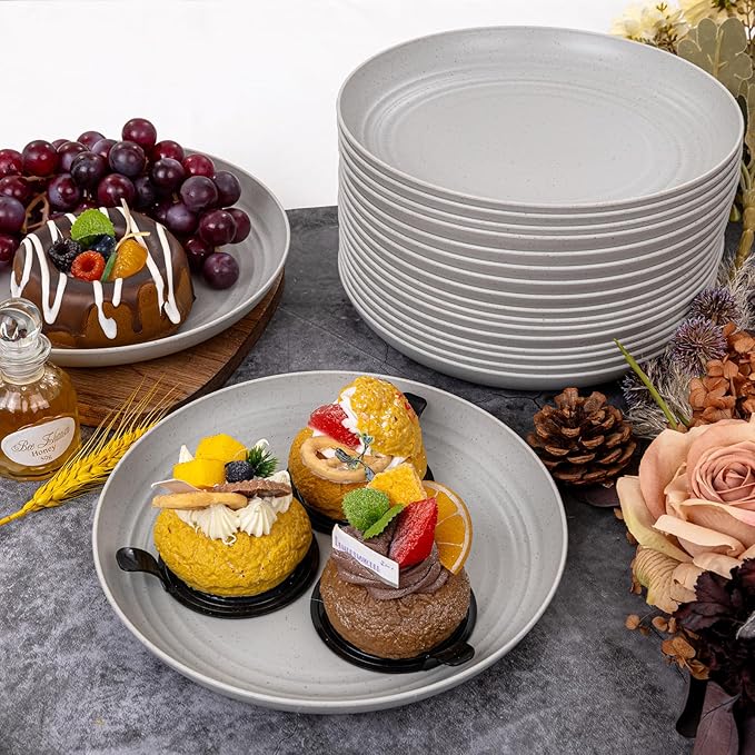 LIYH 20 Pcs Light Grey Wheat Straw Plastic Plates - 9 Inch Unbreakable Dinner Plates Reusable, Dishwasher & Microwave Safe, Lightweight Camping Outside Plate for Kitchen