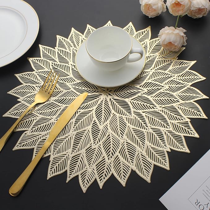 Placemats Set of 6, Round Hollow Out Flowers Place Mats for Dining Table Pressed Vinyl Blooming Leaf Table Mats for Holiday Party Wedding Accent Centerpiece Dinner Decoration (Gold)