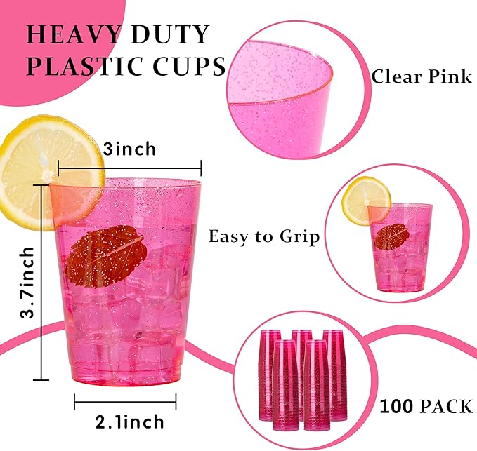 DaYammi 100 Pack Pink Plastic Cups 10Oz Clear Pink Disposable Party Cups for Martini and Cocktail,Fancy Disposable Cup for Wedding,Pink Party Cups Perfect for Valentine's Day Mother's Day Party