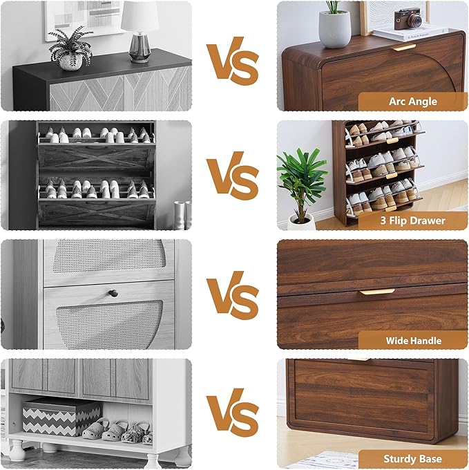 Narrow Hidden Shoe Organizer Cabinet Storage for Entryway, Modern Slim and Skinny Shoe Rack Cabinet with Flip Drawers for Entrance, Hallway - Walnut