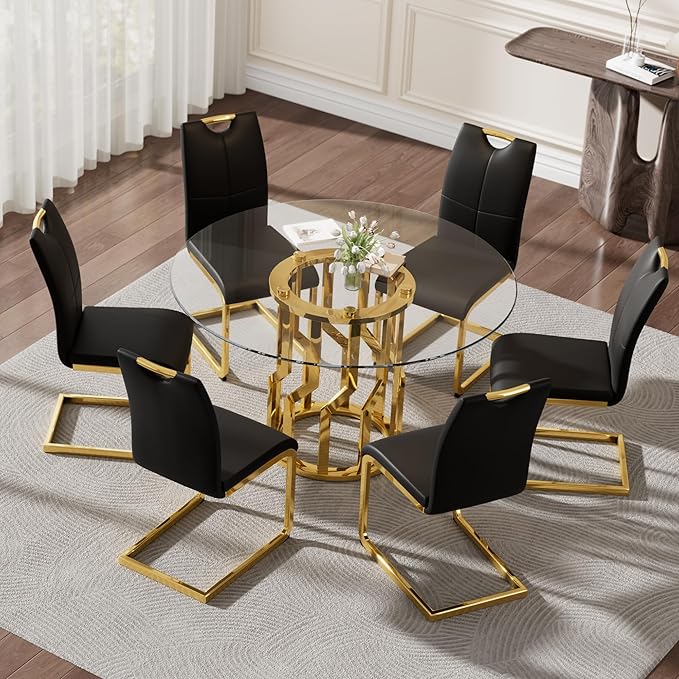 47.2" Round Glass Dining Table Set for 6, Modern 7 Piece Kitchen Table Set with Gold Stainless Steel Base & 6 PU Leather Accent Chairs, Saving Space, Dining Set for Apartment, Home - Black Chair