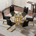 47.2" Round Glass Dining Table Set for 6, Modern 7 Piece Kitchen Table Set with Gold Stainless Steel Base & 6 PU Leather Accent Chairs, Saving Space, Dining Set for Apartment, Home - Black Chair