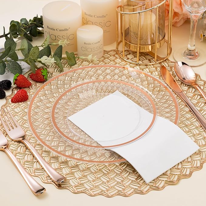 BESTSTAR 200PCS Rose Gold and Clear Plastic Plates, Rose Gold Disposable Plate Set with 100 Dinner Plates and 100 Dessert Plates for Party
